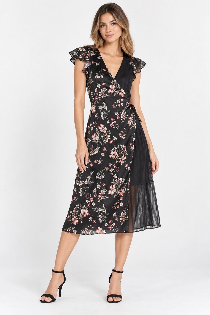 Avec Les Filles Cosmo Flower Floral Satin Chiffon Wrap Midi Dress Size 8